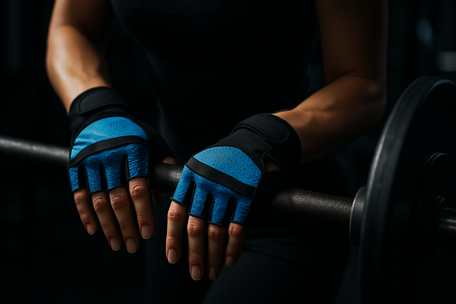 Lady wearing blue and black gloves to the gym with the fingers showing. She is lifting the bar and there is dark lighting. There is a close up of the gloves she is wearing on her hands. 