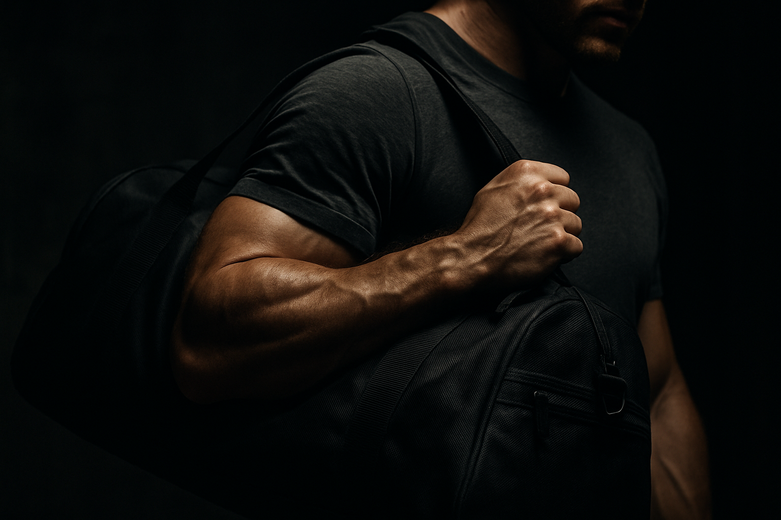 Man holding a black gym bag. A close up of the gym back with dark lighting. We see the bag hanging from his shoulder up close